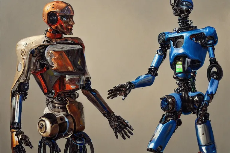 Prompt: oil painting of a human artist and a robot fighting, realistic human, detailed human body, human = man, highly detailed, 4k, trending on artstation