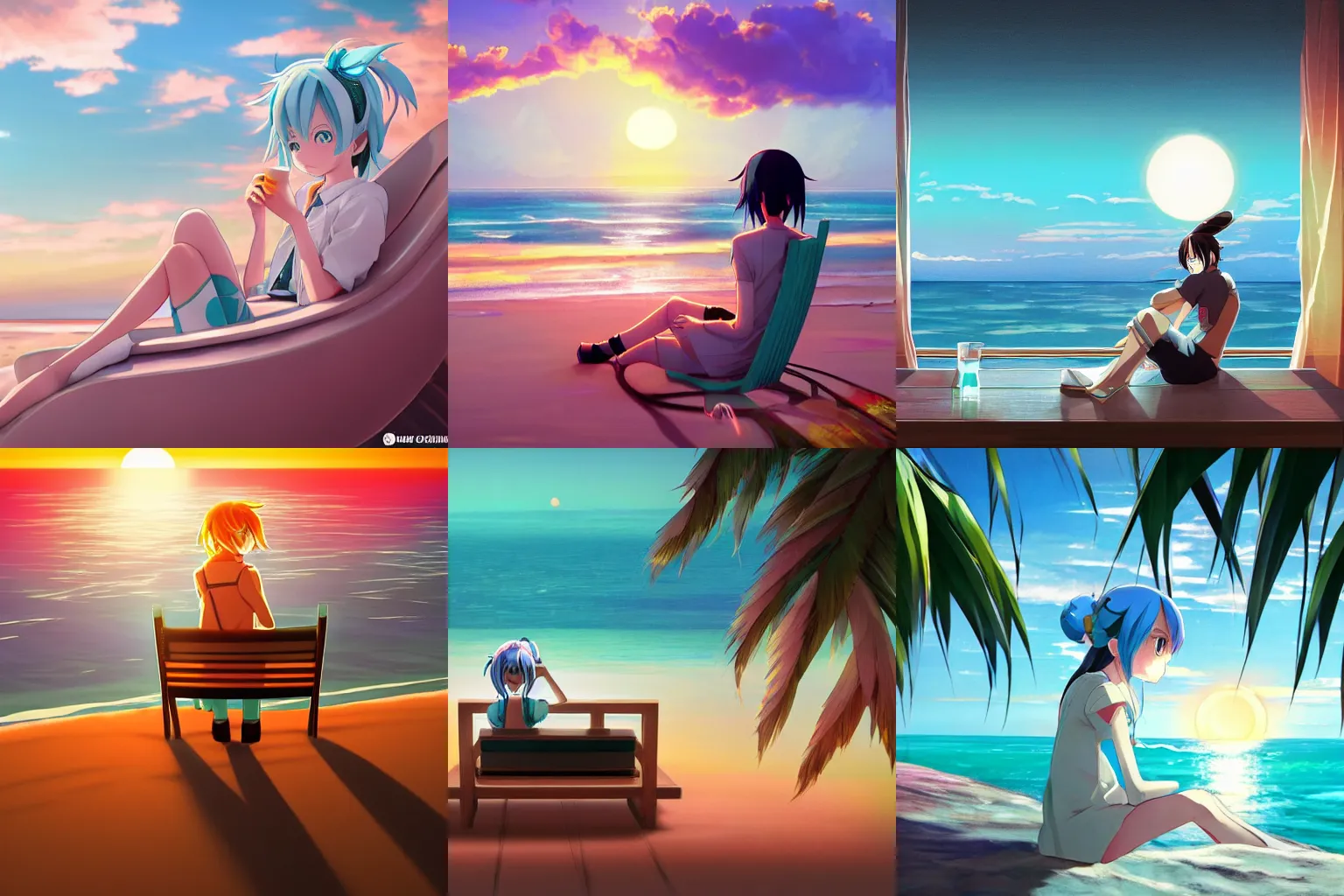 Prompt: Hatsune Miku sits in a lounge chair on the beach watching the setting sun and sipping from a glass, anime, Hatsune Miku, Makoto Shinkai, landscape, setting sun