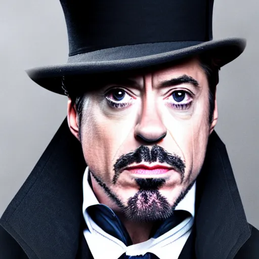 Image similar to photograph portrait of robert downey junior with a trenchcoat and tophat, rain, night, dense fog, hyperdetailed