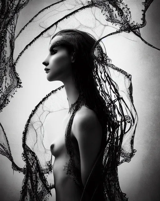 Image similar to surreal mythical dreamy dark artistic black and white fine art photo of a beautiful young female angel - mermaid - cyborg covered with translucent algae lace web, rim light, cinematic, studio dramatic light, poetic, octane render, 8 k, photo - realistic, by floria sigismondi