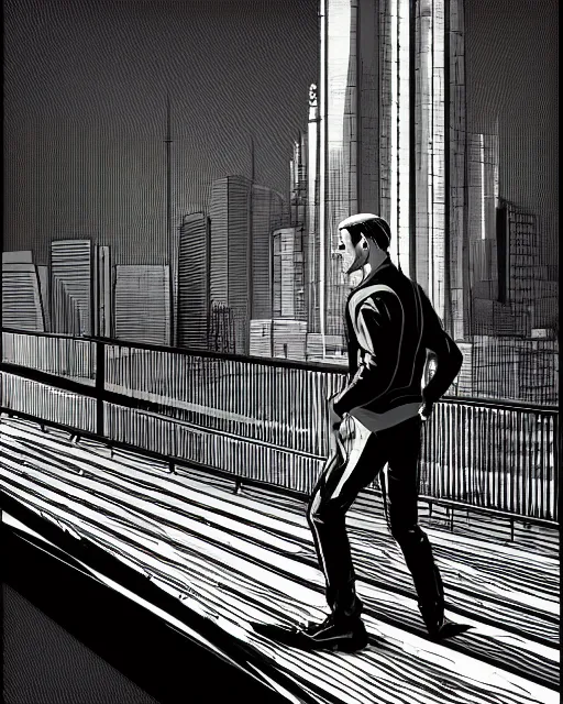 Prompt: portrait of a man standing on a bridge, detailed illustration, digital art, trending on artstation, martin ansin,