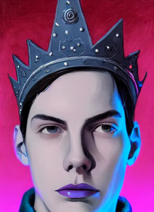 Image similar to portrait of teenage jughead jones wearing a light grey crown, crown, blue turtleneck, 1 9 5 0 s, closed eyes, photorealistic, black hair, glowing lighting, intricate, elegant, glowing lights, highly detailed, digital painting, artstation, concept art, smooth, sharp focus, illustration, art by wlop, mars ravelo and greg rutkowski