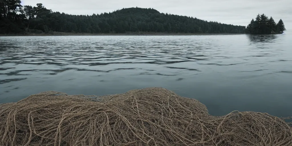 Prompt: centered photograph of an long single line of rope zig zagging snaking across the surface of the water into the distance, sandy rock shore in foreground, submerged underwater rope stretching out towards the center of the lake, a dark lake on a cloudy day, color film, trees in the background, hyper - detailed photo, anamorphic lens