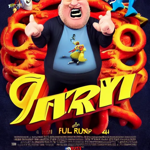 Image similar to a pixar movie starring Guy Fieri as a goofy villain, promotional poster, award-winning cinematography, 4k