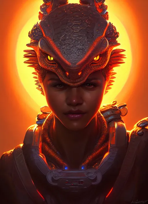 Image similar to portrait of apex legends dragon head, intricate, elegant, glowing lights, highly detailed, digital painting, artstation, glamor pose, concept art, smooth, sharp focus, illustration, art by artgerm and greg rutkowski, artey freytag