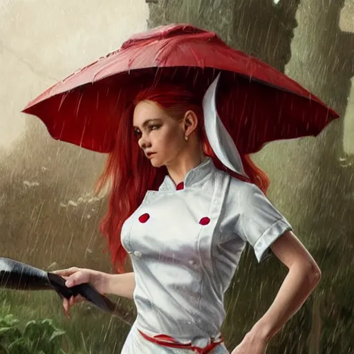 Image similar to elf woman standing in rain, short blonde hair, red and white chef's apron, sharp focus, intricate, smooth, ultra realistic digital art, d & d, high fantasy, pointed ears, elegant, by artgerm, greg rutkowski, raymond swanland, alphonse mucha