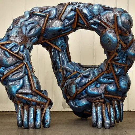 Image similar to a weird conterporary art sculpture from blue furr and metal