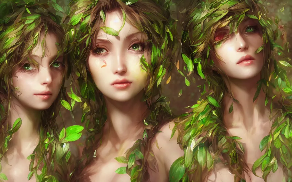 Image similar to A realistic anime portrait of a beautiful dryad twins with glowing green eyes and tree bark skin wearing clothes made of leaves, digital painting, by Stanley Artgerm Lau, Sakimichan, WLOP and Rossdraws, digtial painting, trending on ArtStation, SFW version