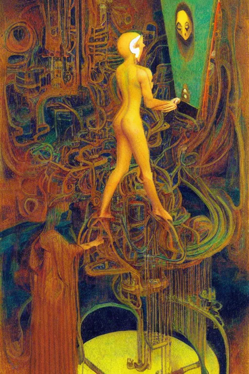 Prompt: realistic portrait of an engineer woman fixing the samsara holy cluster, fine portrait, concept art, stunning, visionary, dimmed palette, by brecht evens, by jean delville, by francis bacon