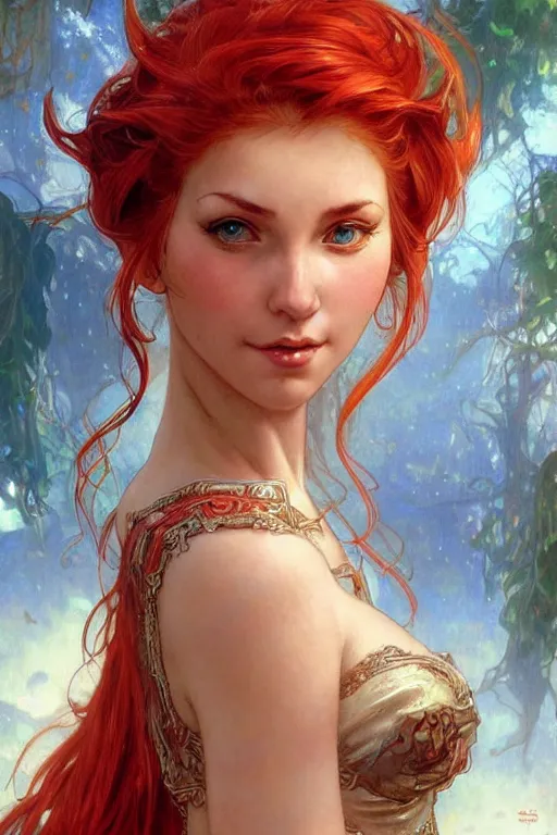 Image similar to alluring closeup portrait of beautiful elf girl with red hair, very detailed face and ears, realistic, tarot card, by Stanley Artgerm Lau, greg rutkowski, thomas kindkade, alphonse mucha, loish, norman rockwell J.