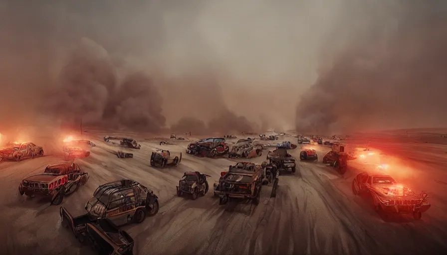 Image similar to london in mad max, sandstorm, trucks racing, smoke bombs, hyperdetailed, artstation, cgsociety, 8 k