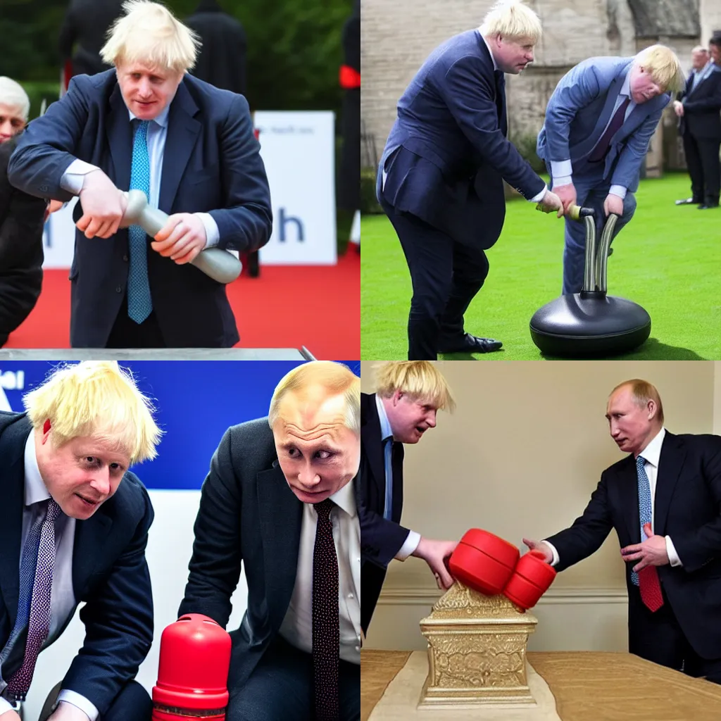 Prompt: Boris Johnson showing Putin how to use a shakeweight