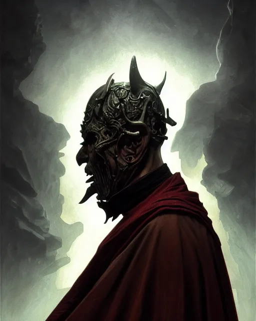 Image similar to realistic wide angle portrait of an evil bishop, dark magic, heroic pose, full body, dramatic lighting, dark and horror, dust and blood, intricate, wild, highly detailed, digital painting, artstation, concept art, smooth, sharp focus, illustration, art by artgerm and greg rutkowski and alphonse mucha, footage from space camera