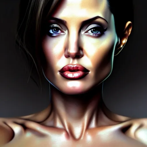 Image similar to beautiful digital painting of angelina jolie background with high detail, 8 k, movie cyborg 2, teen, young, stunning detail, photo by artgerm, greg rutkowski and alphonse mucha, unreal engine 5, 4 k uhd