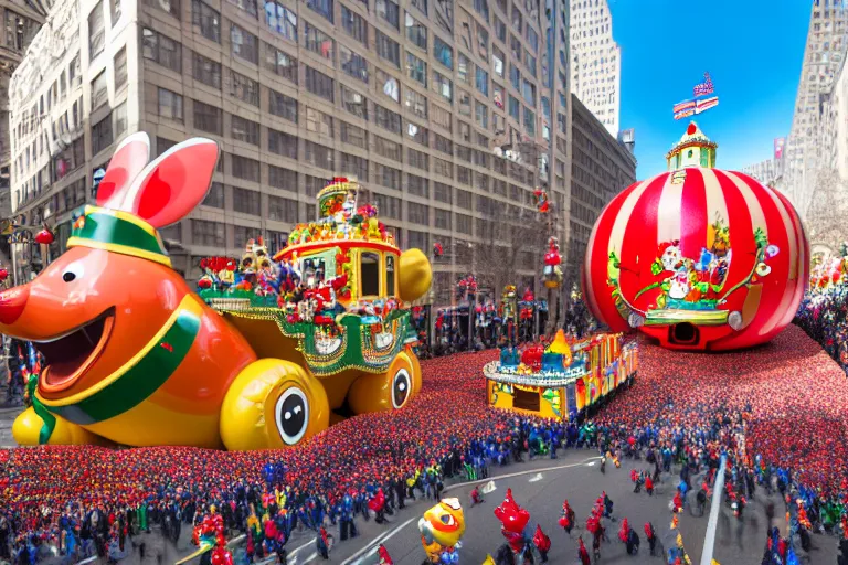 Image similar to photo of giant beautiful elaborate parade float designed by richard scarry, in the macys parade, detailed 4 k photo,