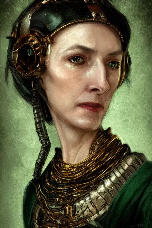 Prompt: portrait, headshot, digital painting, of a 17th century, beautiful, middle aged wrinkles, wicked, cyborg merchant woman, dark hair, amber jewels, baroque, ornate dark green clothing, scifi, futuristic, realistic, hyperdetailed, concept art, art by waterhouse