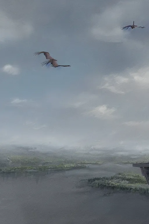 Prompt: A detailed matte painting of two cranes flying upwards from the river, water dripping, evening, close-up view, Moebius, Artstation