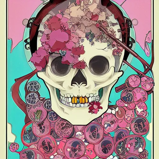 Prompt: anime manga skull portrait girl female bubblegum skeleton illustration hyperrealistic art Geof Darrow and will cotton alphonse mucha pop art nouveau