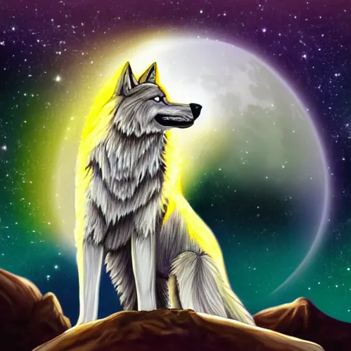 Prompt: Gem Rock Wolf in front of full moon howling