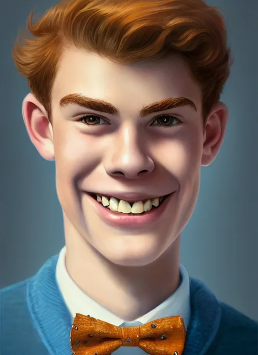 Image similar to portrait of teenage archie andrews, freckles, curly middle part haircut, curly hair, middle part hairstyle, smiling kindly, wearing a bowtie and sweater vest, intricate, elegant, glowing lights, highly detailed, digital painting, artstation, concept art, smooth, sharp focus, illustration, art by wlop, mars ravelo and greg rutkowski