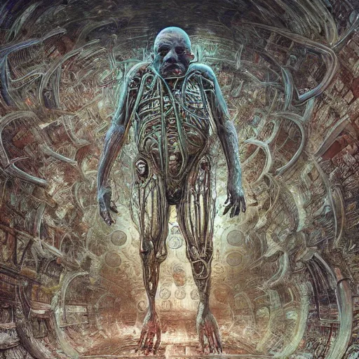 Prompt: paul blart flesh mall, highly detailed, environment art, body horror, biopunk, by zdzisław beksinski, peter gric, marco mazzoni