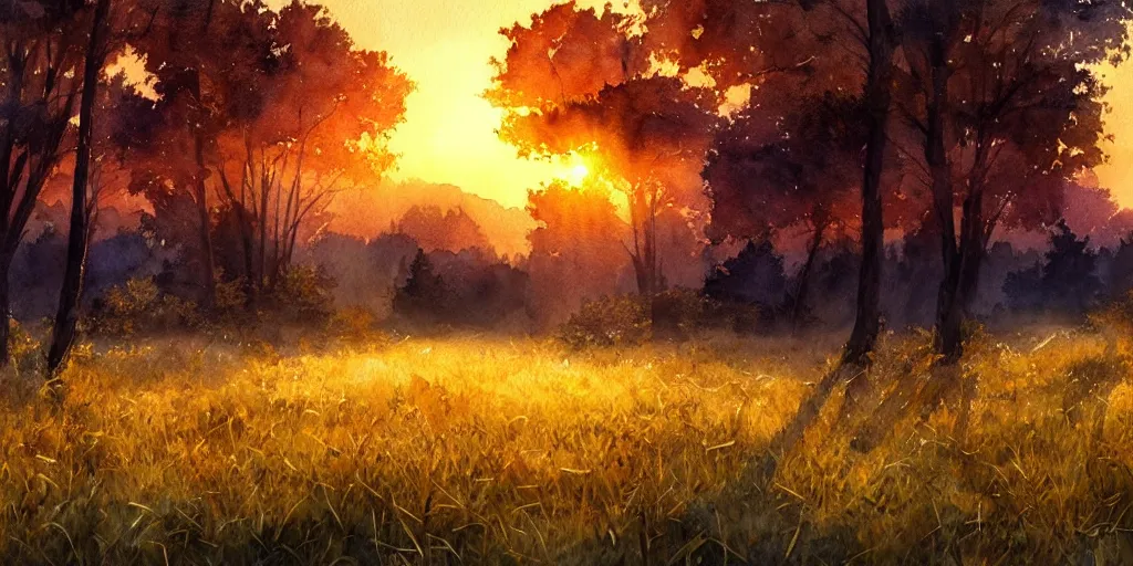 Image similar to golden hour nature landscape, watercolor, ultra realistic, highly detailed, hd, sharp focus, cinematic lighting, warm colors, realistic, photorealistic, vivid colors, painting, digital art, non blurry, sharp, artstation, smooth, illustration