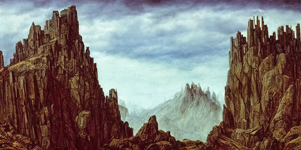 Prompt: The dwarven mountain kingdom | dwarven fortress | Caspar David Friedrich |