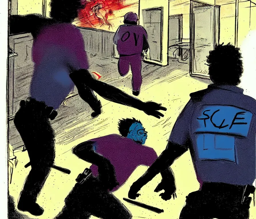 Image similar to todd solondz running from police after violent crime | vivid colors : storyboard, realistic. by gabriel hardman, joe alves, j. todd anderson, chris bonura and francis bacon. cinematic atmosphere, detailed and intricate, perfect anatomy