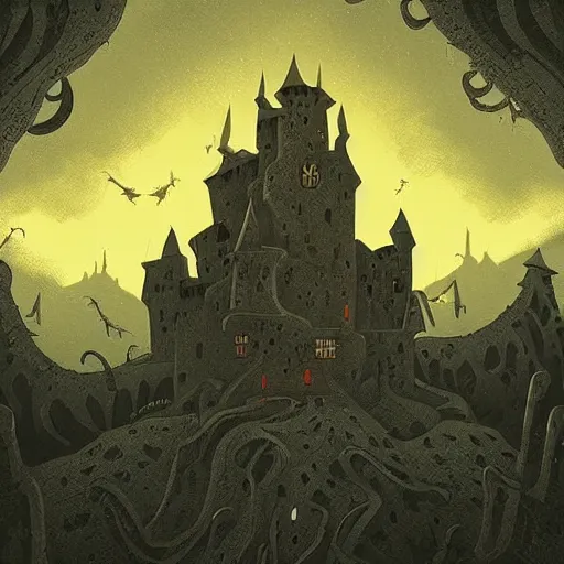 Image similar to lovecraftian castle scenery, sharp focus, illustration, art by petros afshar