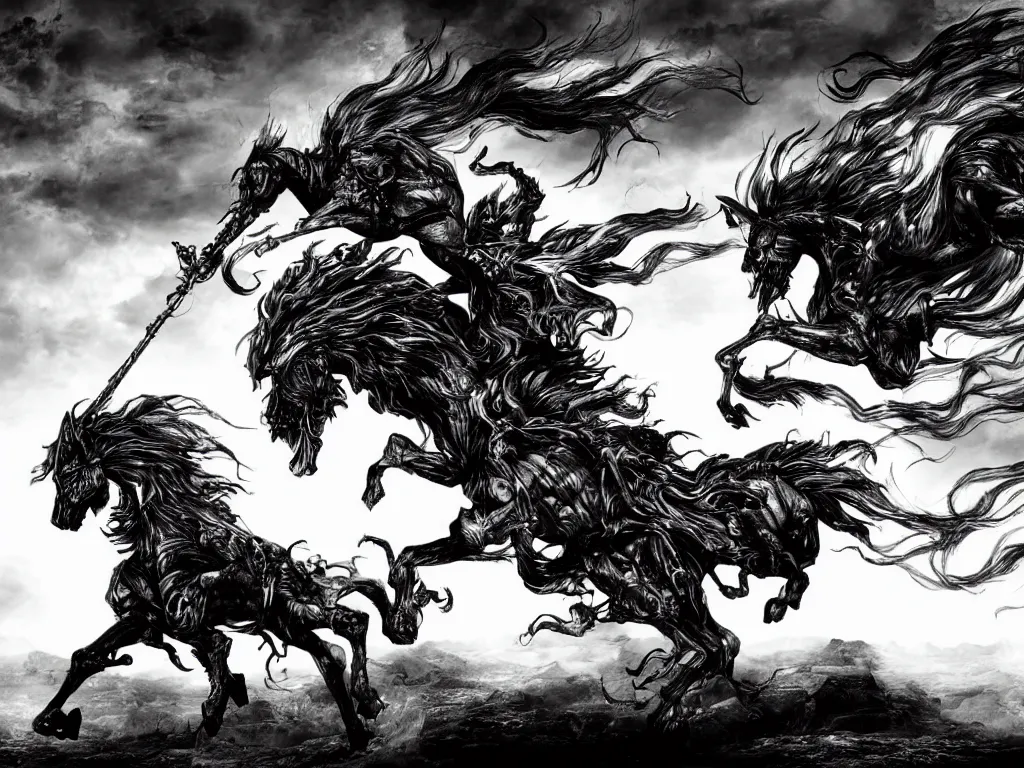 Image similar to black and white detailled illustration of death riding a pale horse over a wasteland in the style of yoshitaka amano / cinematic composition