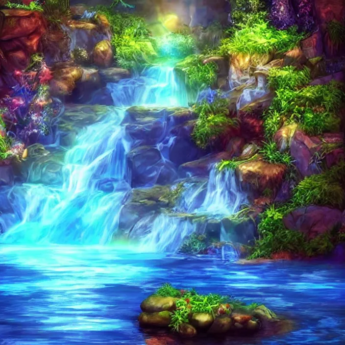 Image similar to Waterfall with treasure hidden behind the water stream, fantasy art style, glowing chest