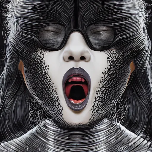 Image similar to portrait closeup of screaming black reflective glossy dark woman, sensual pose, symmetrical, glitches, snakes coming out from her mouth, by yoichi hatakenaka, masamune shirow, josan gonzales and dan mumford, ayami kojima, takato yamamoto, barclay shaw, karol bak, yukito kishiro, moebius