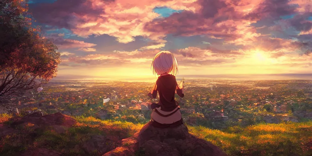 Image similar to tsarevna sitting on a rock off to the side looking down upon swedish town, during dawn, cinematic, very warm colors, intense shadows, anime illustration, anime screenshot composite background