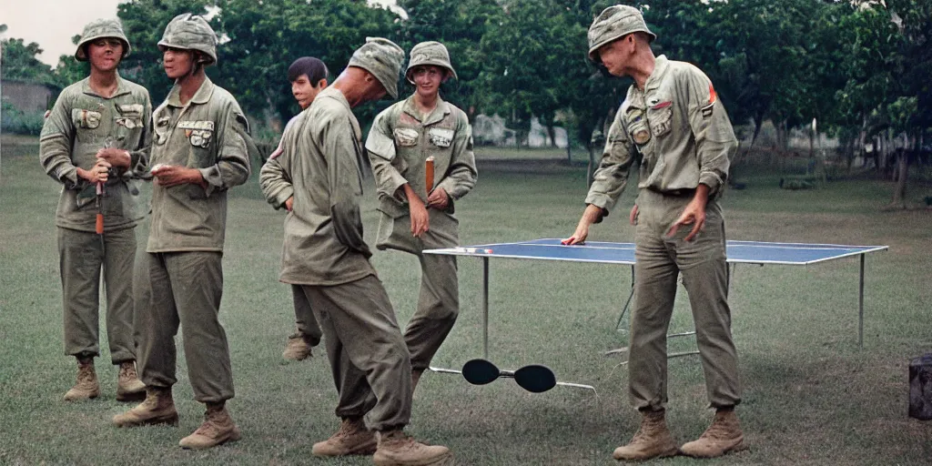 Prompt: u. s. soldiers in vietnam war, u. s. soldiers playing ping - pong on the base, portrait closeup, face closeup, coloured film photography, ken burns photography, lynn novick photography