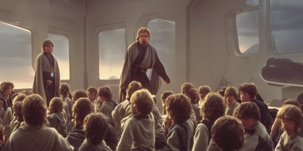 Prompt: A full color still of Mark Hamill as Jedi Master Luke Skywalker training a room full of young Jedi padawans, with large windows showing a sci-fi city outside, at dusk at golden hour, from Star Wars, directed by Steven Spielberg, 1990