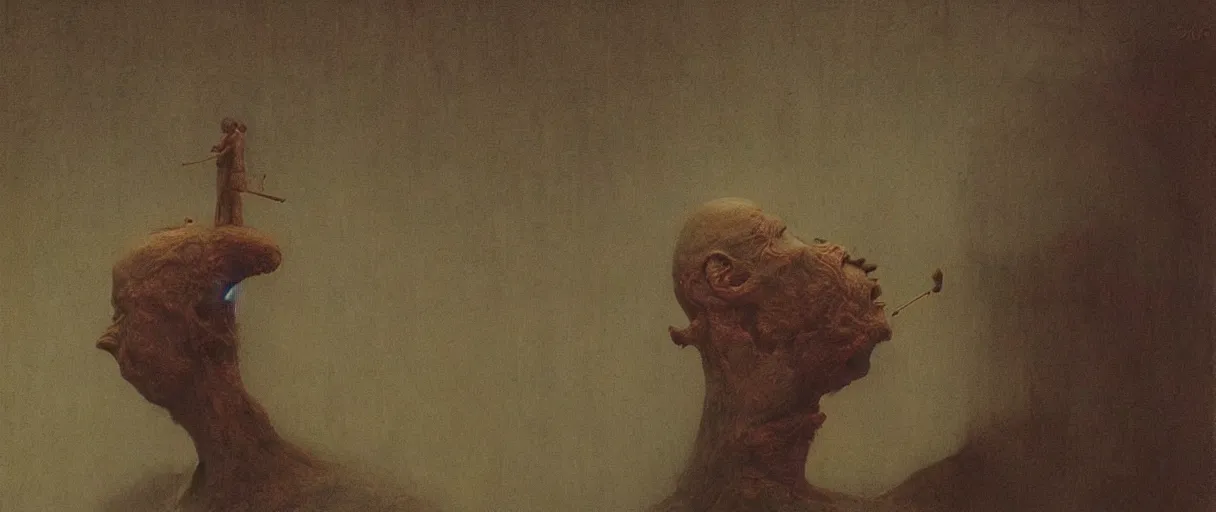 Image similar to a man eating his own face, painted by zdzislaw beksinski