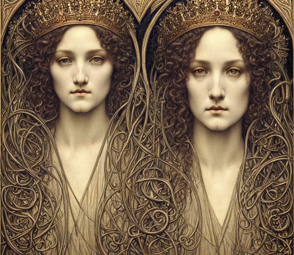 Image similar to detailed realistic beautiful young medieval queen face portrait by jean delville, gustave dore and marco mazzoni, art nouveau, symbolist, visionary, gothic, pre - raphaelite. horizontal symmetry