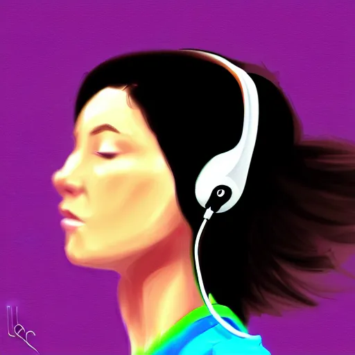 Prompt: a woman with headphones on, digital painting masterpiece, by rockin jelly bean