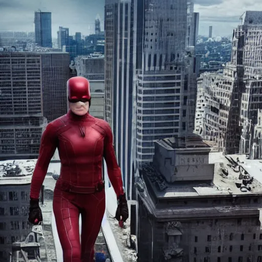 Image similar to female daredevil on top of a building, octane, realistic lighting, marvel movie still