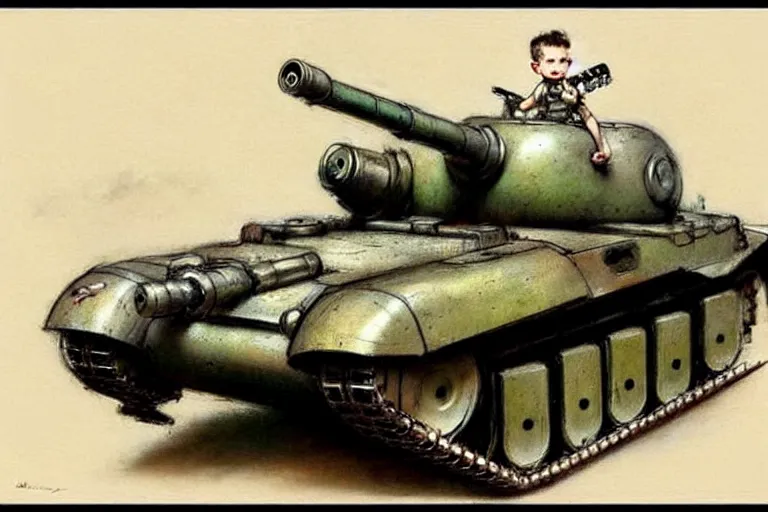 Image similar to (((((1950s boy and his small pet robot toy retro army tank . muted colors.))))) by Jean-Baptiste Monge !!!!!!!!!!!!!!!!!!!!!!!!!!!