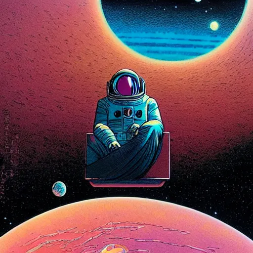 Image similar to astronaut meditating in front of an alien ethereal geometry, art by moebius
