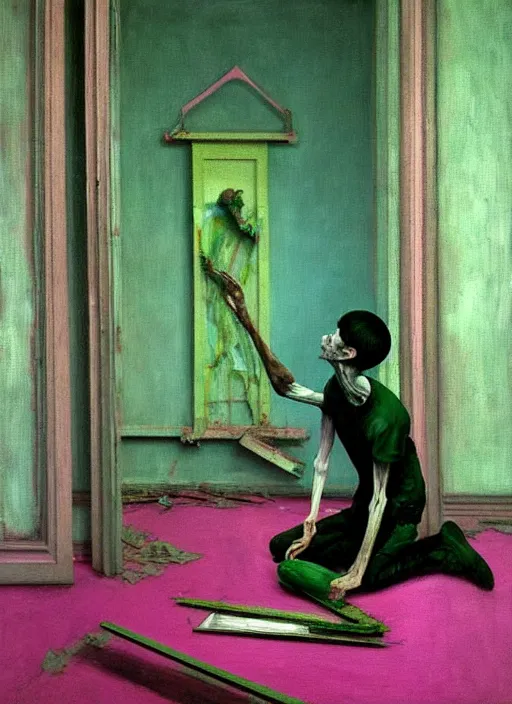Prompt: a skinny, starving artist wearing overalls, painting the walls inside a grand ornate chernobyl sarcophagus, hauntingly surreal, highly detailed painting by francis bacon, edward hopper, adrian ghenie, gerhard richter, and james jean, soft light 4 k in pink, green and blue colour palette