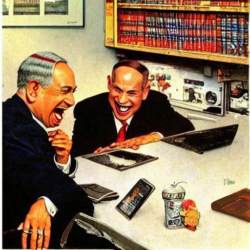 Image similar to benjamin netanyahu laughing hysterically at computer screen, by norman rockwell and michael cheval