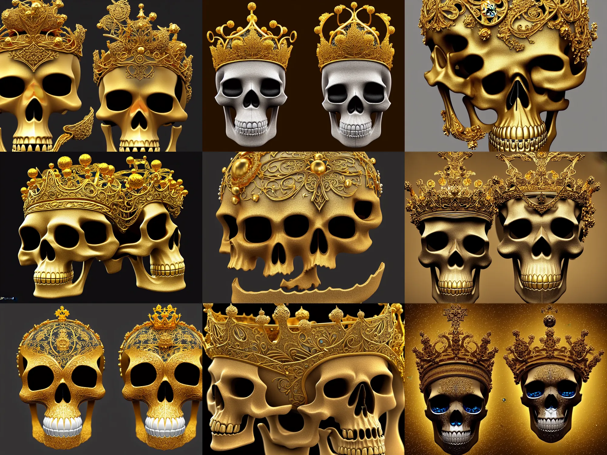 Prompt: beautiful 3 d render of an ornamented skull, wearing a crown of beta fish by billelis + gold and marble sculpture + gold filigree + kintsugi!!!, intricate galaxy inlay, transcendent, clean linework, finely detailed, 4 k, trending on artstation, photorealistic, volumetric lighting, octane render