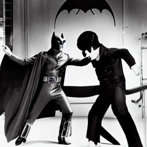 Image similar to elvis guest starring on the batman television series ( 1 9 6 6 ), 3 5 mm production still,