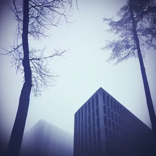 Image similar to ominous Brutalism structure. nighttime. red light. creepy fog.