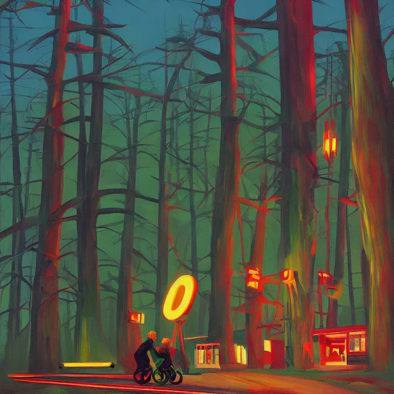 Image similar to riding neon bycicles in the woods, painted by Edward Hopper, painted by James Gilleard, airbrush