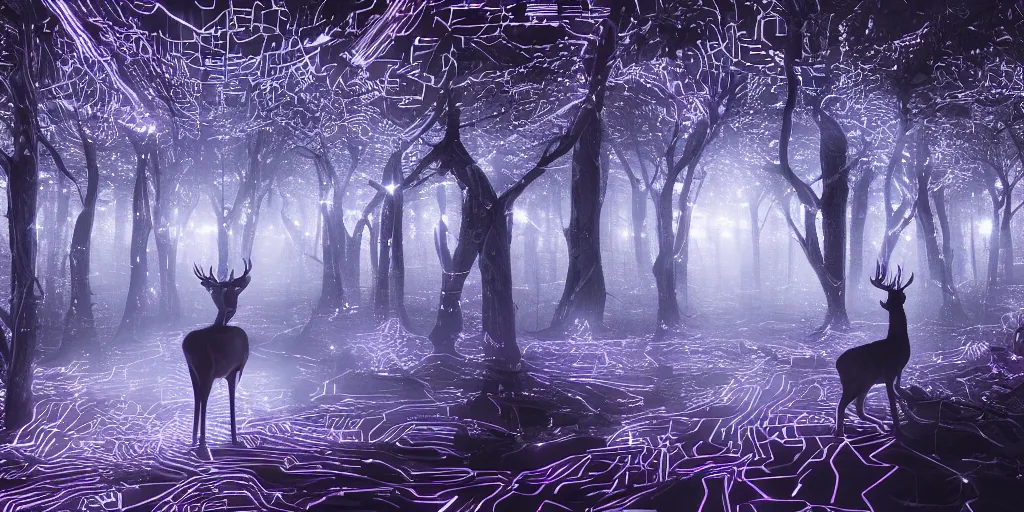 Image similar to a single deer in an ethereal electronic forest made from glowing circuits and electronics, highly detailed concept art, cinematic framing, 3 d, dark, moody, led