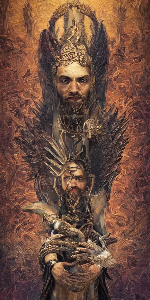 Image similar to Portrait of enki sumerian god, holding a strobilus in his left hand and wings. illustration, by James Jean, artgerm, octane render, by John Coltrane and Marc Simonetti, Manic, inspired by Greg rutkowski, colorful, high detail of the face, full body