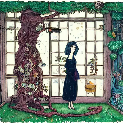 Image similar to a portrait of a woman standing infront of a window, she is happy and has lovely hair and eyes, a man is standing behind her with a look of suprise in his face, 🪴🌳🐝, 8 k, lowbrow, in the style of daniel merriam and alexander jansson,